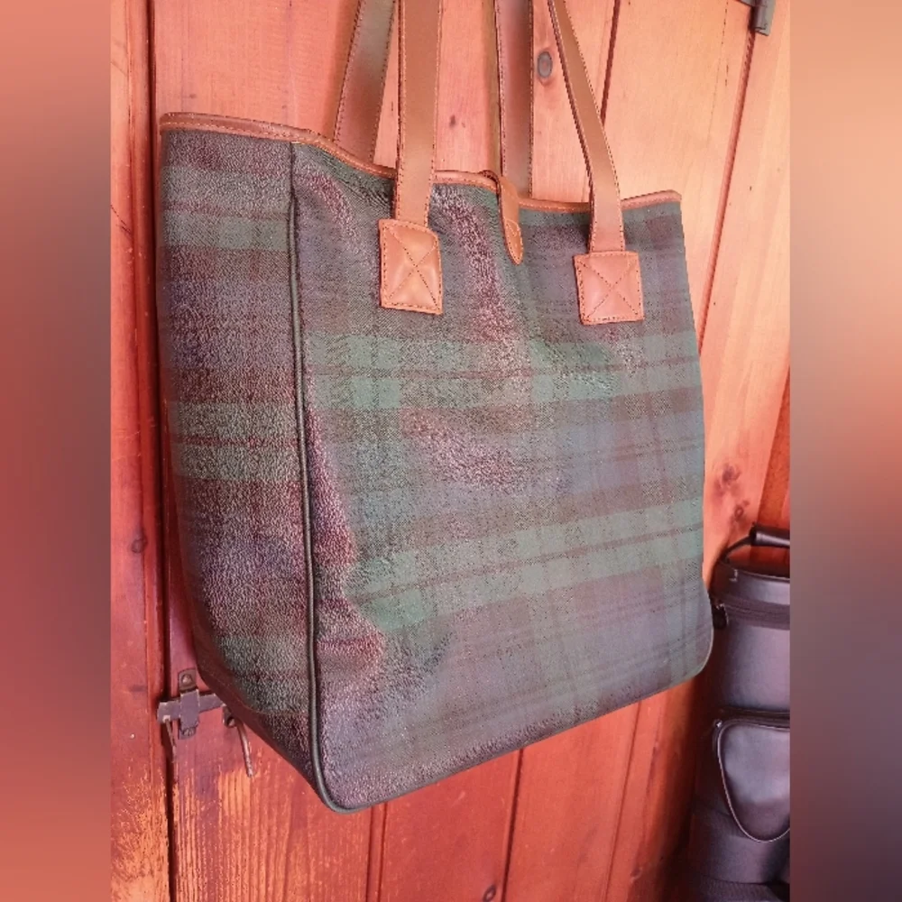 Vintage Green Plaid Tote Bag with Brown Leather Handles Polo Ralph Lauren - Picture 6 of 13